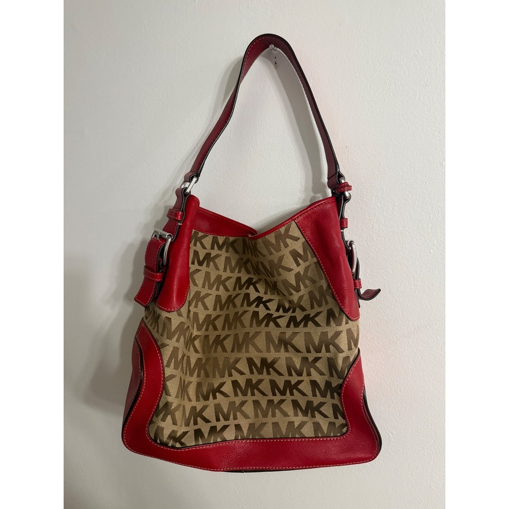 Michael Kors Signature Monogram Canvas Red Leather Brookville Tote